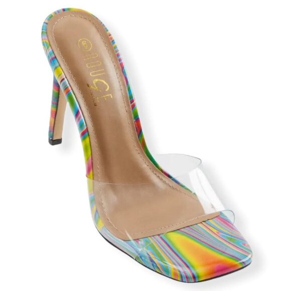 Rouge Helium Women's High Heel Square Slip On Sandals Clear Multicolor Size 9 - Picture 1 of 6